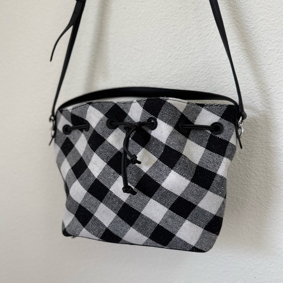 Talbots Black and Gray Buffalo Plaid Drawstring Bucket Crossbody Bag - Picture 4 of 12